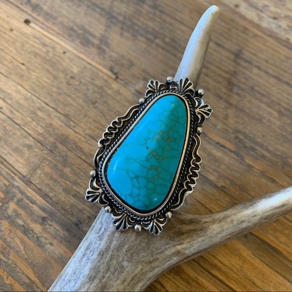 Western Turquoise Blossom Natural Turquoise Oversized Stone Silver Cuff Ring - Picture 2 of 6